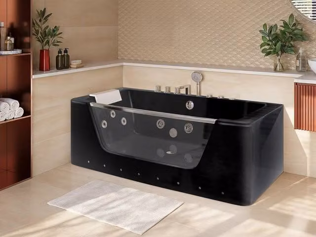 Vente-unique DYONA Semi-Island Glass Whirlpool Bath, 1 Seater, Black, W/D/H: 170 x 85 x 58 cm