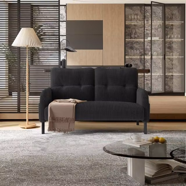 Direct Wicker Corduroy Two-Seater Sofa in Dark Grey Velvet Fabric
