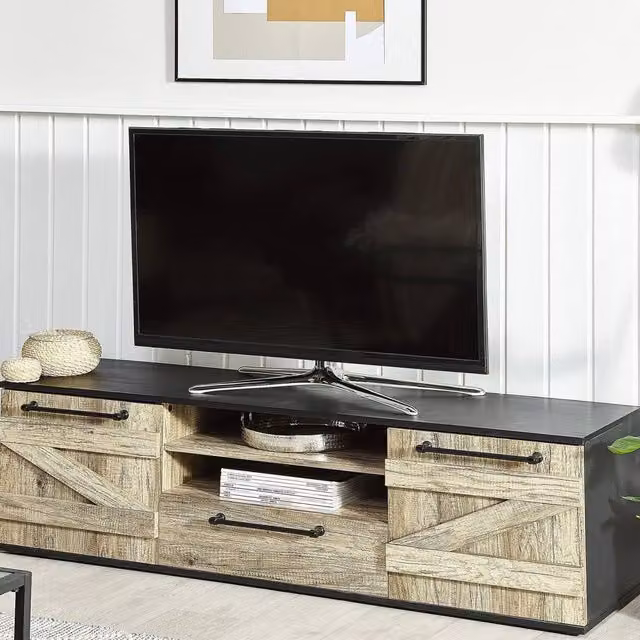 Wyld and Coco Barn Style TV Stand in Light Wood and Black with 2 Cabinets and Drawer, W: 150 cm, D: 40 cm, H: 43 cm – 1