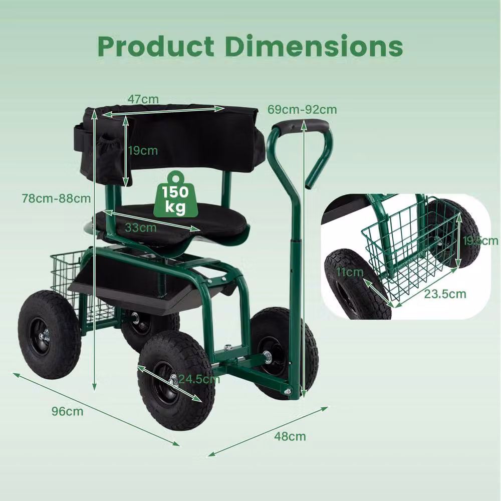 Costway Rolling Garden Work Seat with Wheels and Swivel Seat in Green – 2