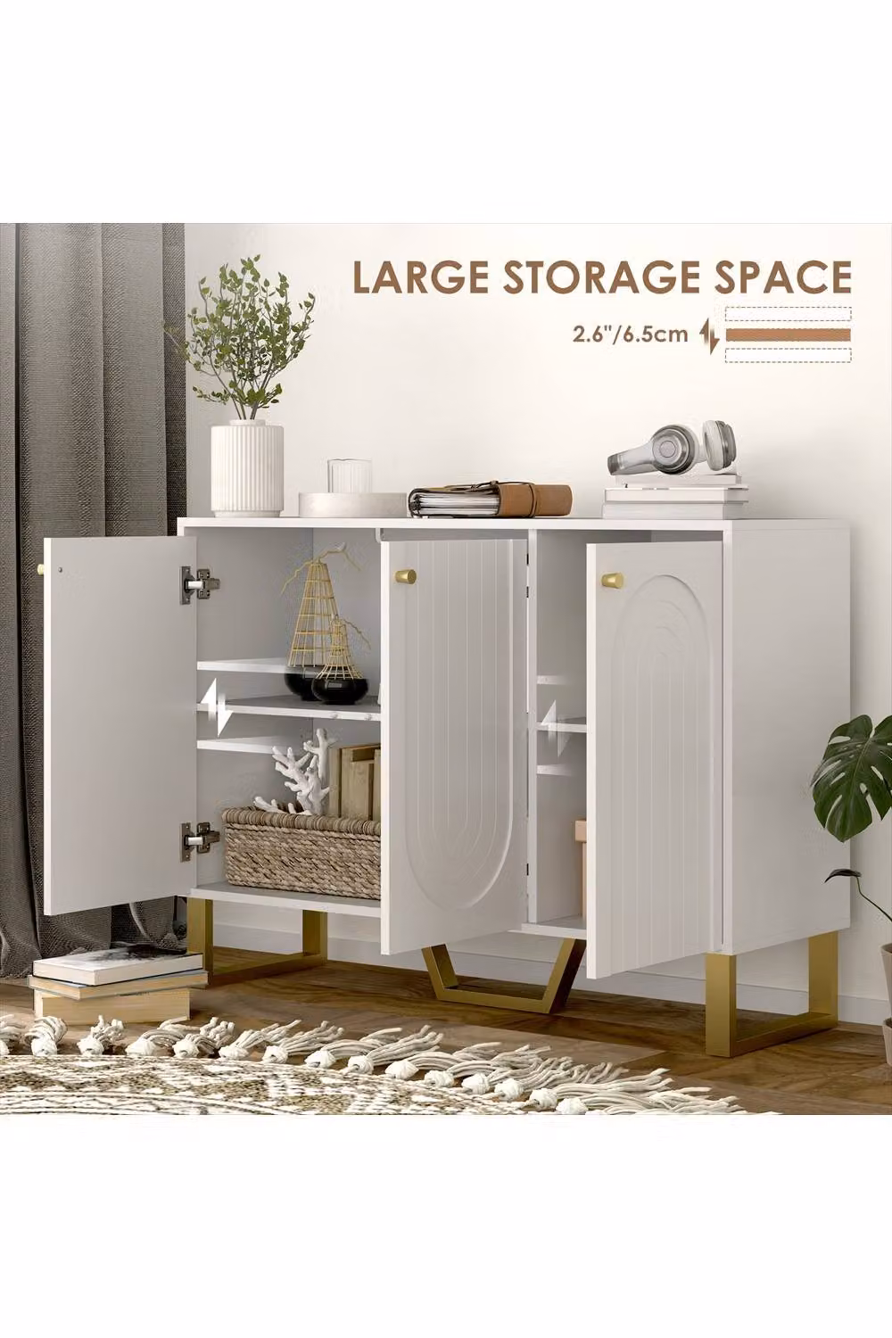 ERGOVEXA Modern 3-Door Sideboard Storage Cabinet in White and Gold – 2