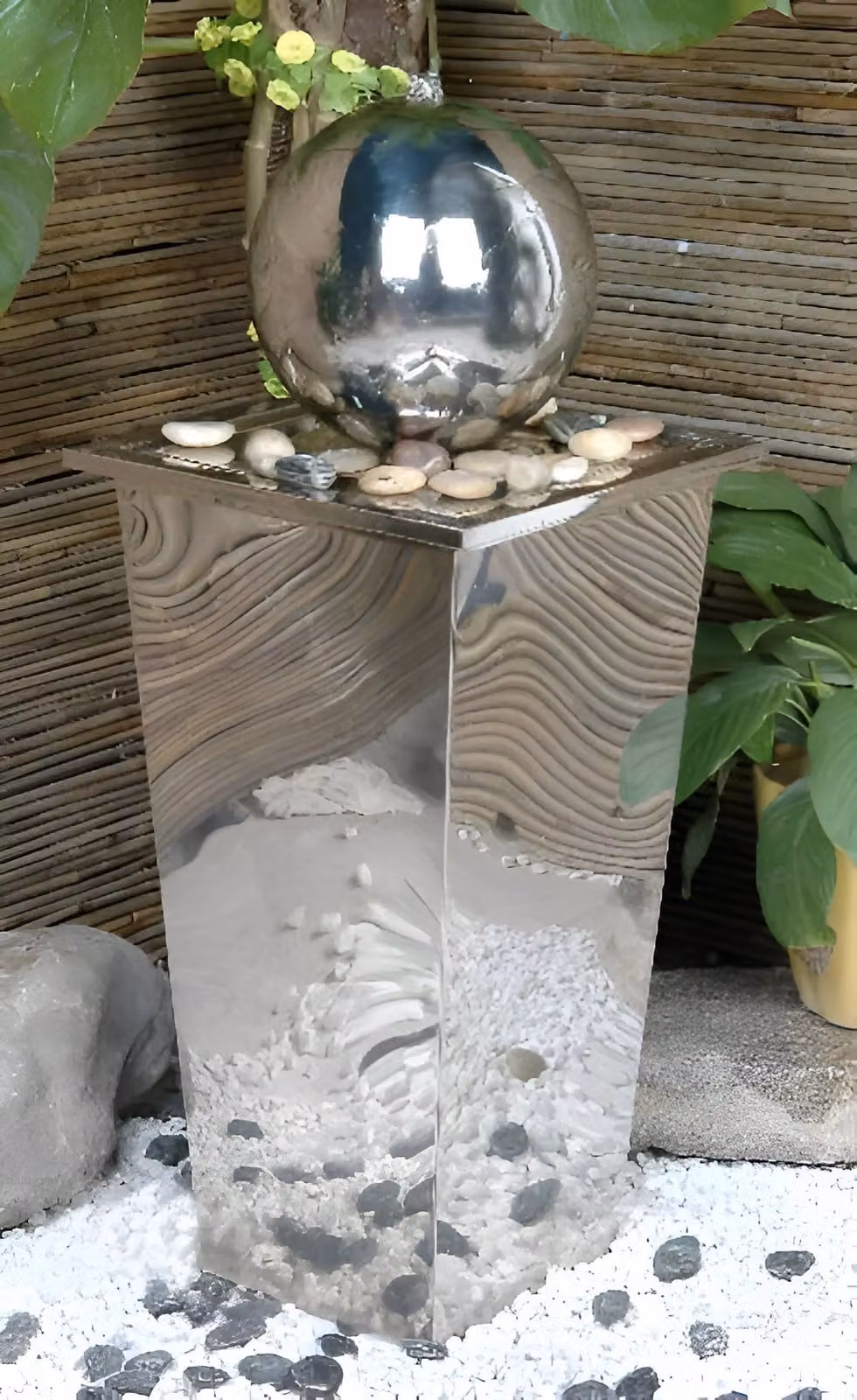 Primrose Stainless Steel Sphere Column Water Feature in Silver Polished, Height: 83 cm – 2
