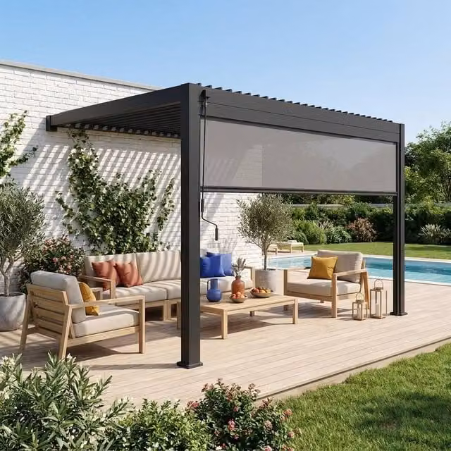 sweeek Lean-to Aluminium Pergola with Louvered Roof and 4m Blind in Dark Grey, W: 4 m, D: 3 m, H: 2.55 m