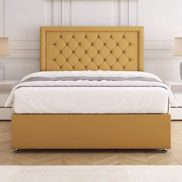 BSSPOKE Nova Plush Velvet Divan Bed Set with 24 inch Headboard and Mattress in Mustard Yellow, Super King, W/D/H: 200 x 200 cm