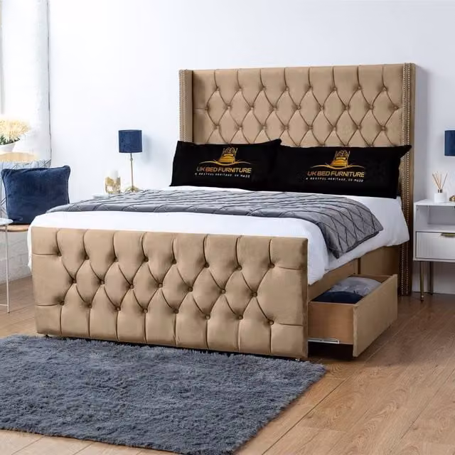 UK Bed Furniture Emily Wingback Divan Bed with 2 Foot End Drawers and 54 Inch Headboard in Beige Velvet, W/D/H: 200 x 200 cm