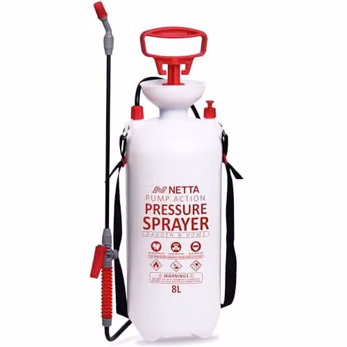NETTA 8L Manual Pressure Garden Sprayer in White and Transparent with Adjustable Mist Nozzle for Plants, Fertilizer and Weed Killer – 1