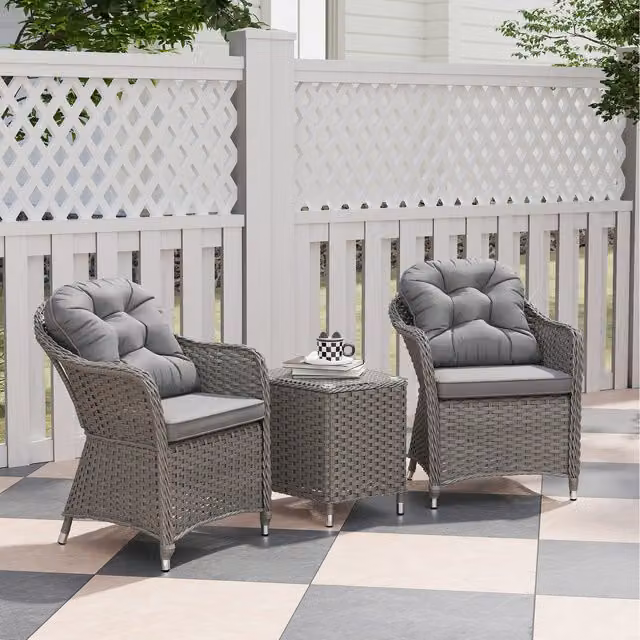 Outsunny Modern Aluminium Rattan Bistro Set with Cushions in Light Grey