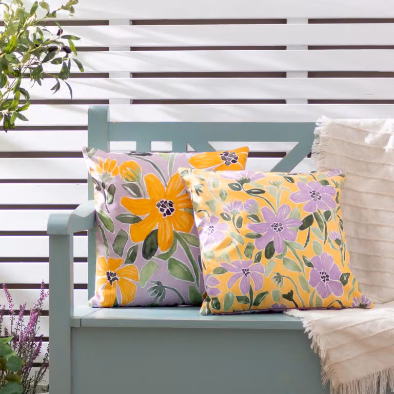 Wylder Retro Floral Square Outdoor Cushion in Yellow and Purple, W/D/H: 43 x 43 x 43 cm