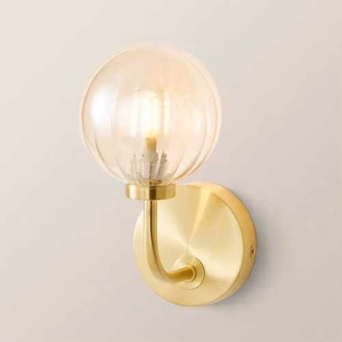 ValueLights Gold Metal Curved Stem Wall Light with Amber Ribbed Glass Globe Shade – 1