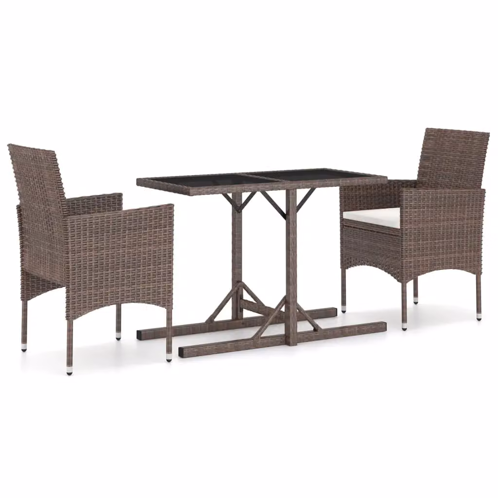 Berkfield Home 3 Piece Brown Poly Rattan and Tempered Glass Garden Dining Set – 2