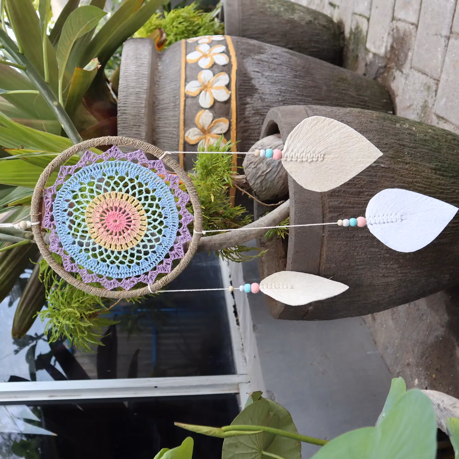 KDMD Large Multi Elemental Spirits Dream Catcher in Multicolour with Rattan, Wood and Textile Geometric Mandala Design – 2