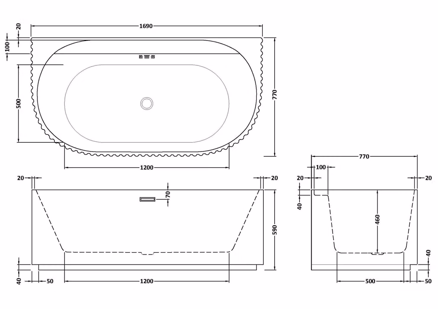 Balterley Contemporary Back To Wall Freestanding Oval Acrylic Bath with Ribbing, White, W: 170 cm, D: 78 cm – 4