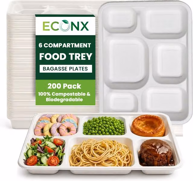 ECONX 200 Pack White Disposable 6 Compartment Bagasse Food Trays, Microwave Safe