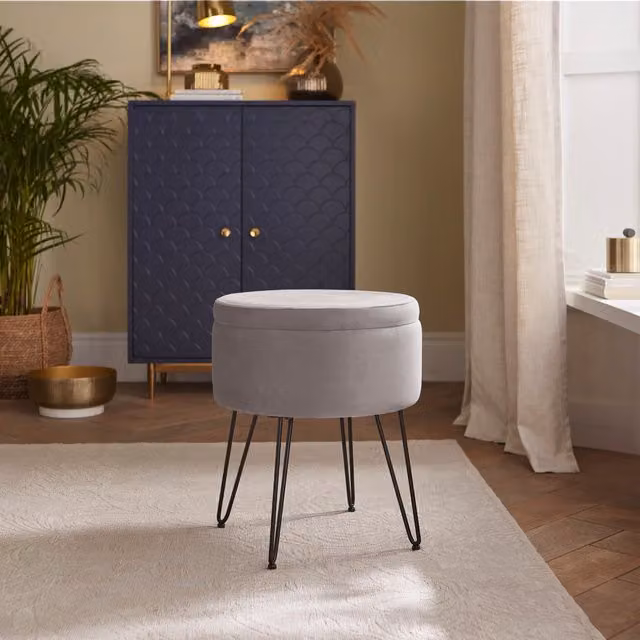 Avery Grey Soft Velvet Cylindrical Stool with Wood Upholstered Frame