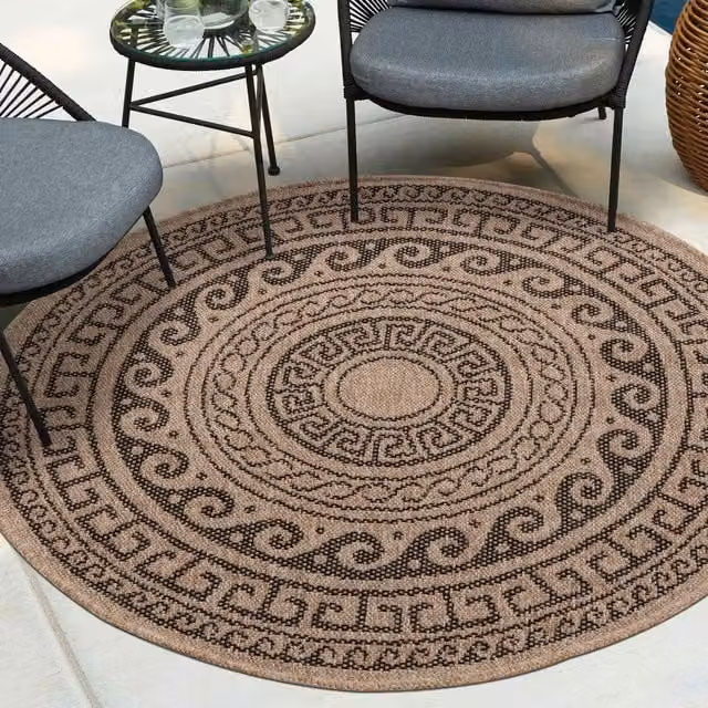 Desire Rugs Modern Geometric Round Waterproof Indoor-Outdoor Rug, Black, Diameter: 120 cm
