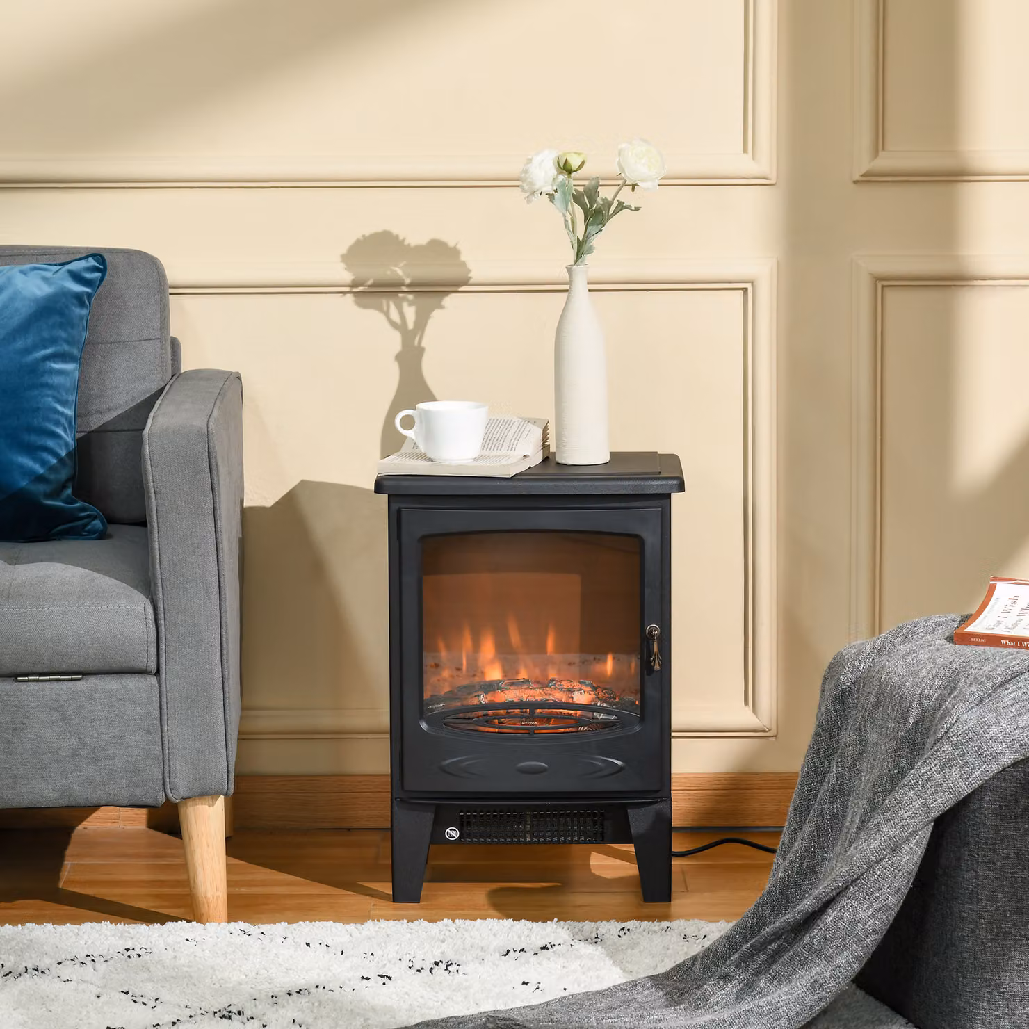 HOMCOM Electric Fireplace Stove with Realistic Flame Effect, Black, 1800W – 7