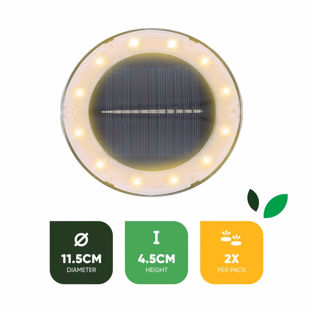 Gardenwize 2 Pack Round Solar Deck Lights in Grey with White LED, Diameter: 11.5 cm – 2