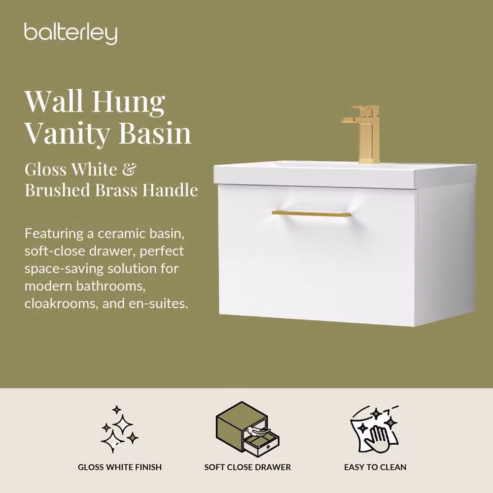 Balterley Gloss White Wall Hung 1 Drawer Vanity Basin Unit with Brass Handle, Width: 60 cm – 2