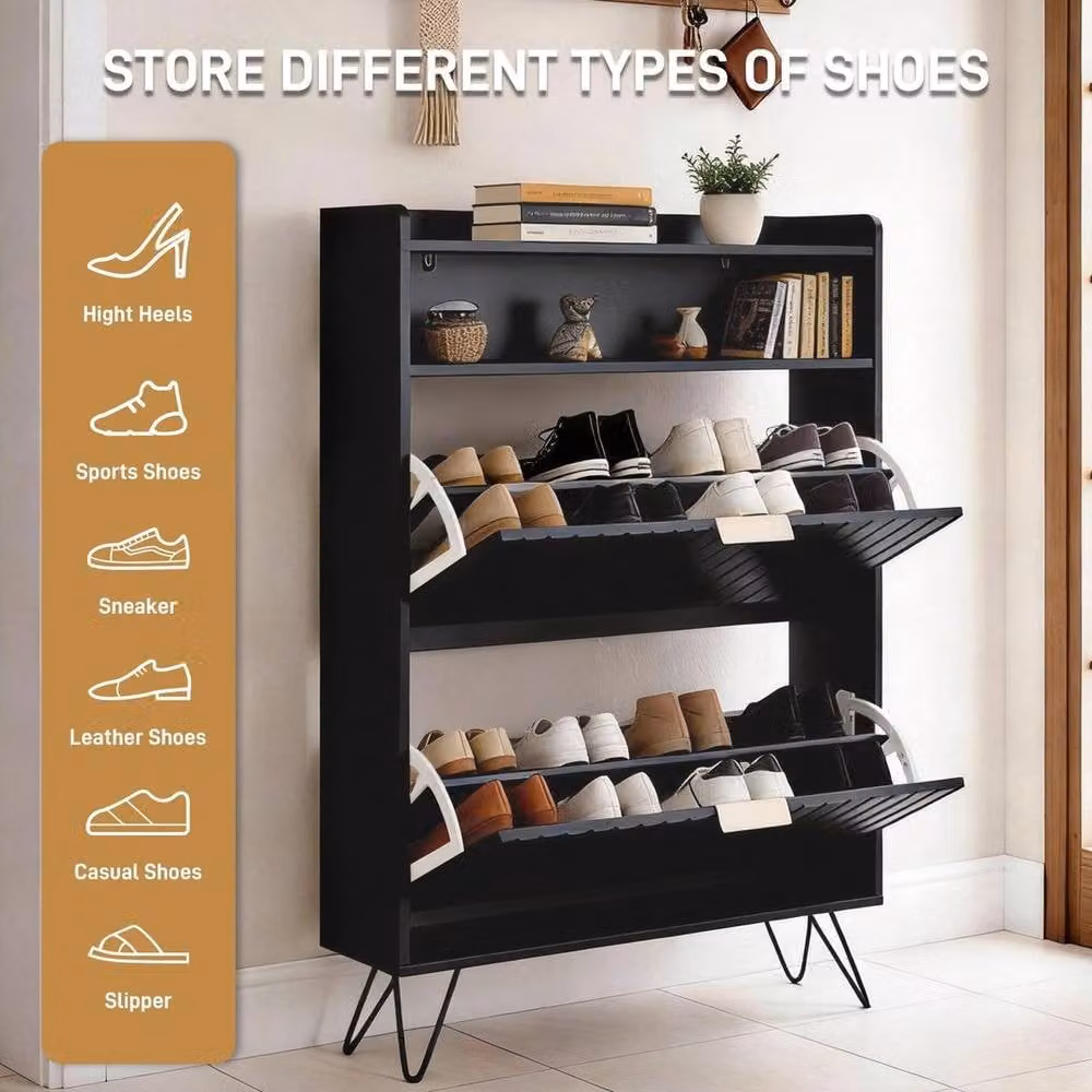 Kelvenix 2-Tier Mid-Century Wooden Shoe Cabinet in Black – 3