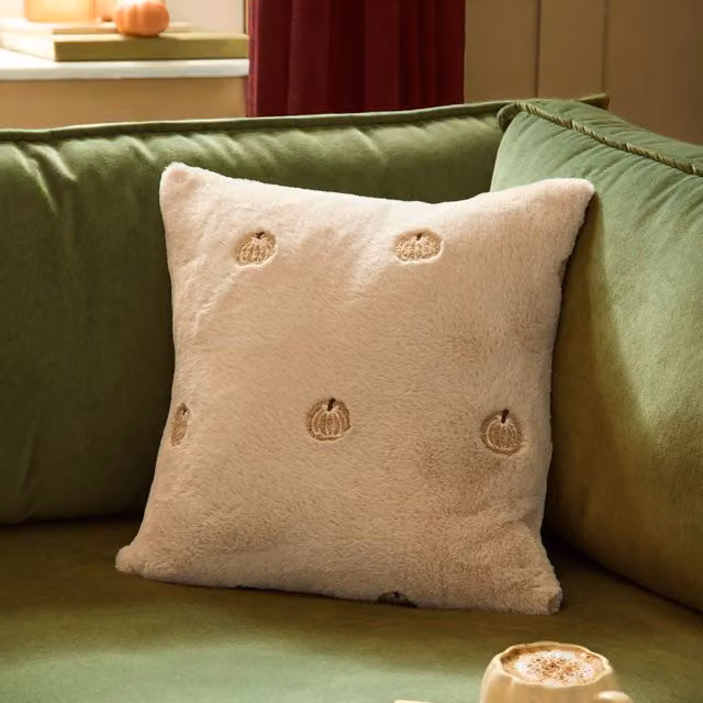 Furn Autumn Pumpkins Embroidered Faux Fur Cushion in Beige, W/D/H: 45 x 45 x 45 cm