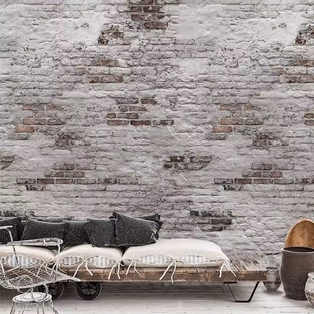 Grandeco Distressed Rustic Real Brick Repeatable Wallpaper Mural in Grey