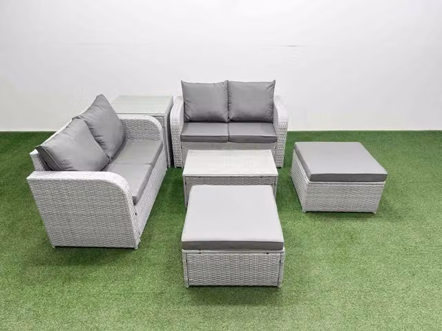 Fimous 6 Seater Rattan Garden Furniture Set in Light Grey with L-Shape Sofa, Coffee Table and Ottoman