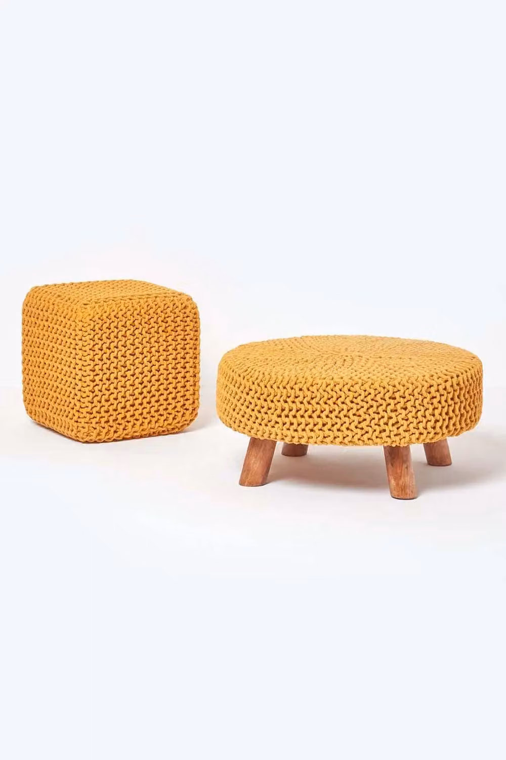 Homescapes Mustard Knitted Cotton Round Footstool with Wooden Legs – 3