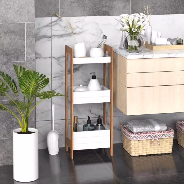 HOMCOM 3-Tier Bamboo Storage Cupboard and Standing Shelf Unit in White – 4