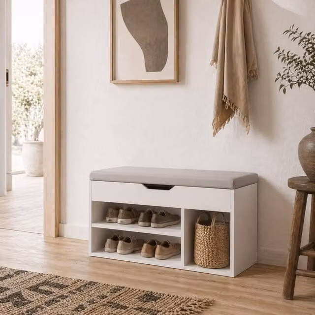 Wyld Haus Zima White Shoe Storage Bench with Light Grey Padded Seat – 1