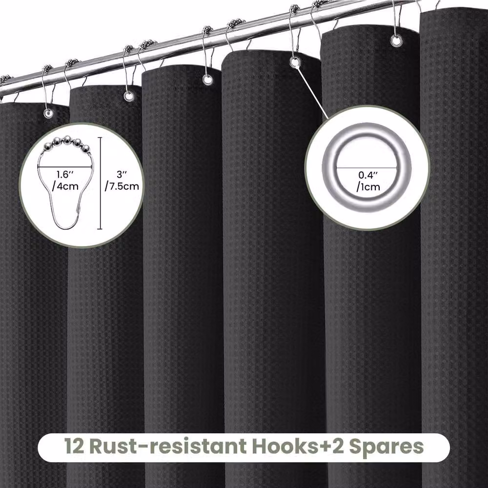INHOUSOLU Black Waffle Weave Polyester Shower Curtain with Weighted Hem and Hooks, Width: 184 cm – 7