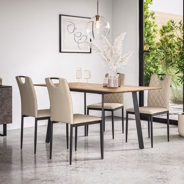 More4Homes Haydon Extending Dining Table and Monza Faux Leather Chair Set, Oak Effect and Black, W/D/H: 120 x 80 x 76 cm with 4 Beige Chairs