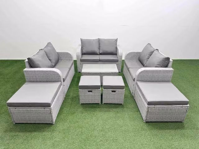 Fimous 8 Piece U-Shape Garden Furniture Set in Light Grey with Rectangular Coffee Table, 2-Seater Sofa, Ottoman and Reclining Chairs