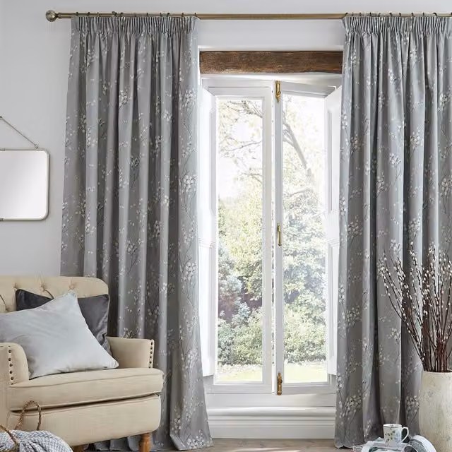 Laura Ashley Pussy Willow Floral Cotton Ready Made Pencil Pleat Curtains in Grey