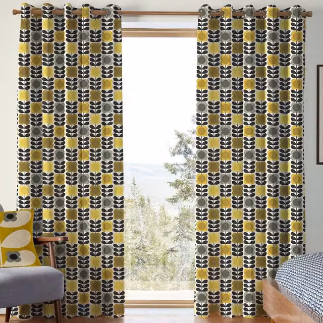 Orla Kiely Spot Flower Stem Made to Measure Blackout Cotton Eyelet Curtains in Yellow and Grey