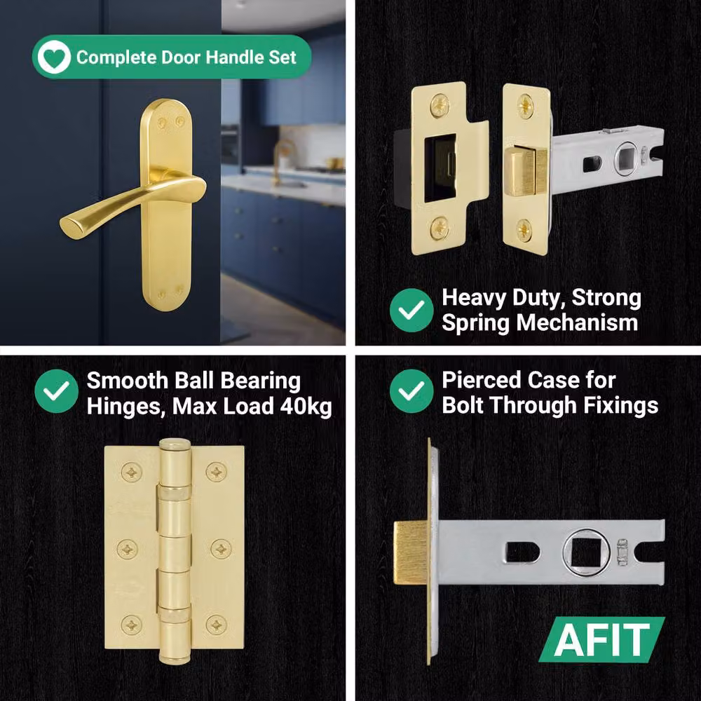AFIT Satin Brass Twist Door Handle Latch and Hinge Set in Gold, 5 Pairs – 3