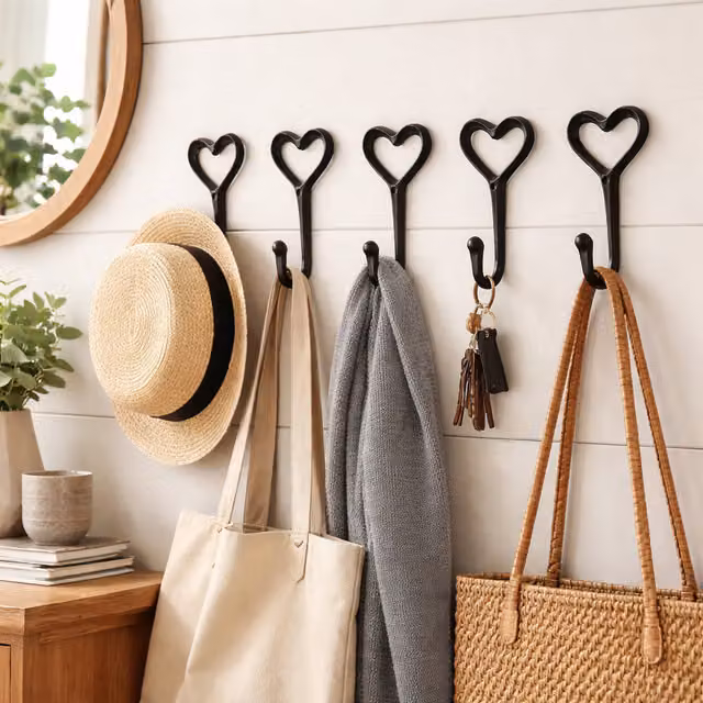 Marco Paul 5-Piece Wrought Cast Iron Love Heart Wall Mounted Hooks in Black
