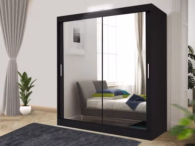 RAC3 Modern Black Sliding Mirror Wardrobe with Integrated LED Lighting and Drawers, Width: 120 cm