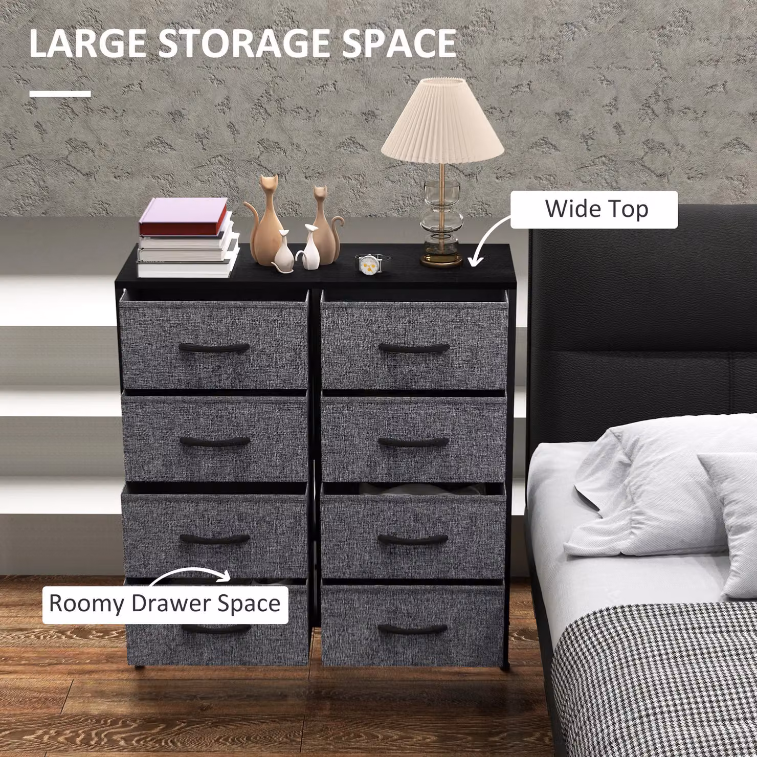 HOMCOM 8 Drawer Fabric Chest of Drawers with Wooden Top in Black – 4