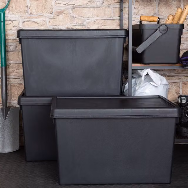 Wham Bam 3 x 62L Heavy Duty Plastic Storage Boxes with Lids, Black