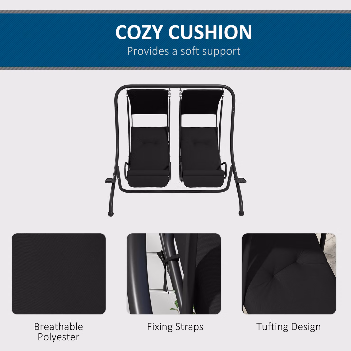 Outsunny Two-Seat Garden Swing Chair with Protective Canopy and Cushions, Black – 6