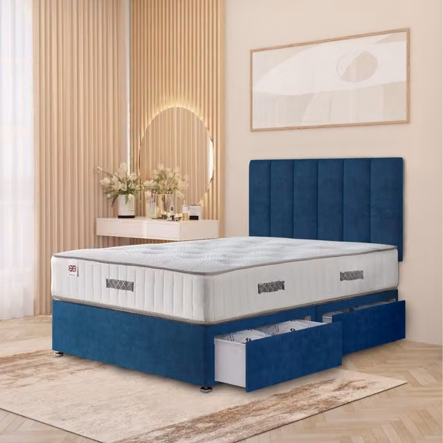 Somnior Beds Ltd Austin Plush Velvet Orthopaedic Divan Bed Set with Hybrid Mattress, Headboard and Drawers, Blue, W: 180 cm, D: 200 cm