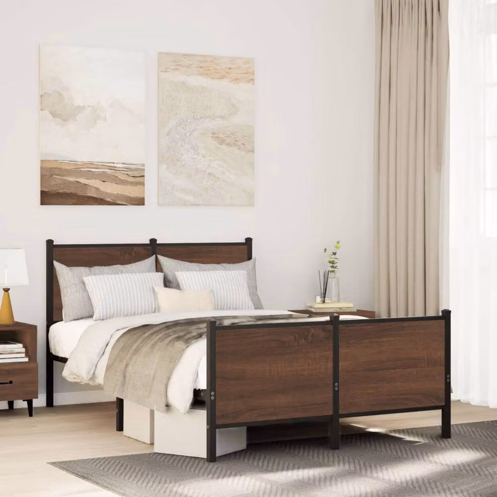 Berkfield Home Industrial Metal and Wood Bed Frame with Drawers, Brown Oak, W: 137 cm, D: 190 cm, H: 142 cm – 2