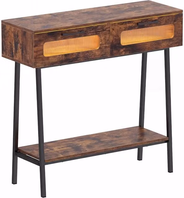 Gymax Rustic Brown Farmhouse Console Table with Colourful LED Lights