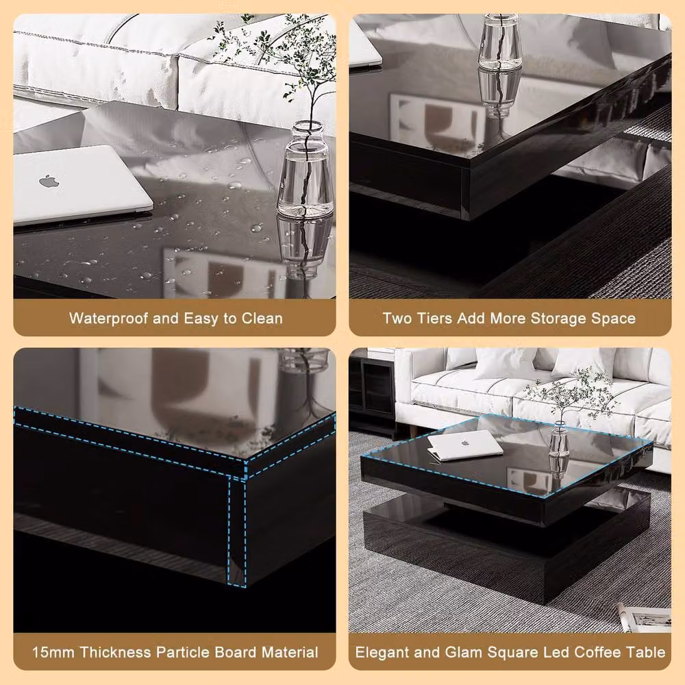 KEEPREAPER Modern Square Coffee Table with Storage and LED Light in Black, W/D/H: 78 x 40 x 78 cm – 7