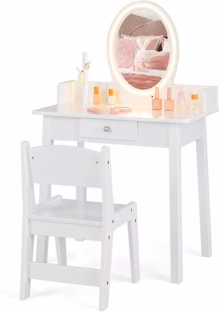 FORGEVIO 2 in 1 Kids Dressing Table and Vanity Table with Hollywood LED Mirror in White – 1