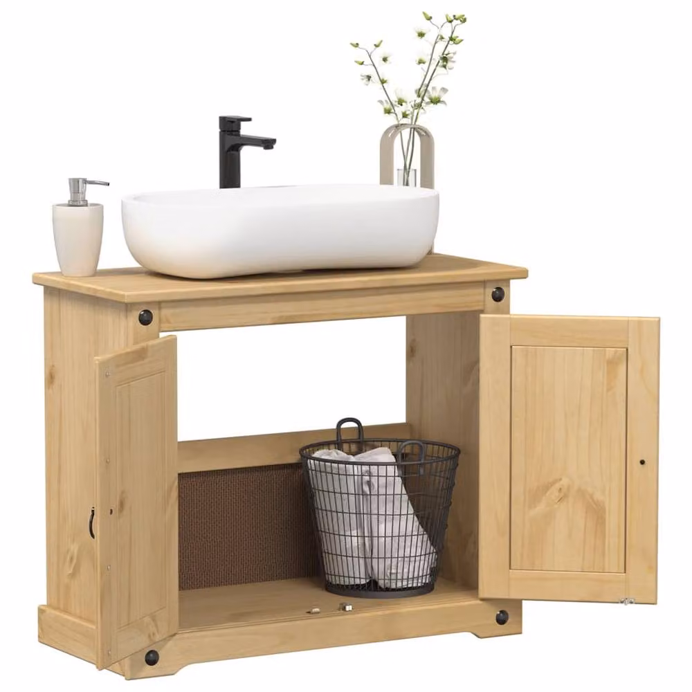 Berkfield Home Beautiful Corona Bathroom Sink Cabinet in Tan Solid Wood Pine, W/D/H: 73 x 33 x 60 cm – 2