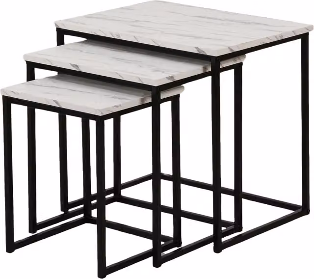 Pirlo Plush Set of 3 Square Nesting Tables with Black and White Marble Effect Composite Tops and Metal Legs