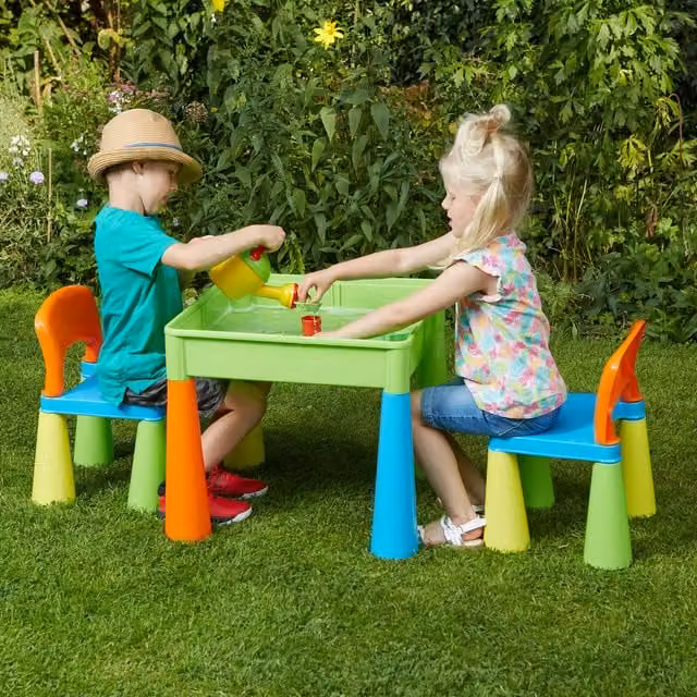 Liberty House Toys Kids 5 in 1 Activity Table and 2 Chair Set, Multicoloured and Green