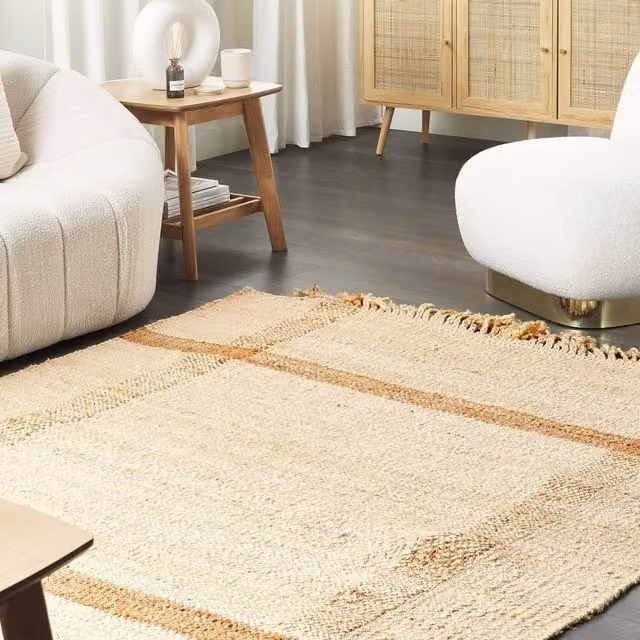 Wyld and Coco Beige Jute and Cotton Geometric Woven Area Rug with Fringes, W: 140 cm, L: 200 cm