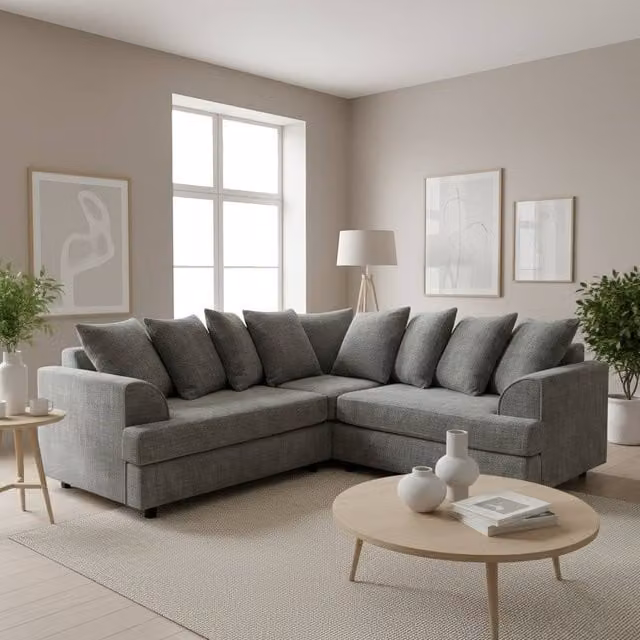Abakus Direct Ferguson L-Shape Chenille Corner Sofa in Grey with Scatter Cushions and Solid Wood Frame